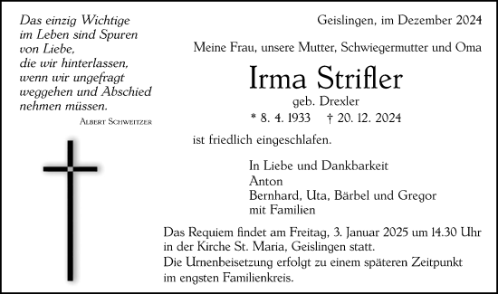 Traueranzeige von Irma Strifler von Geislinger Zeitung