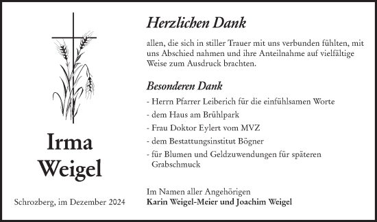 Traueranzeige von Irma Weigel von Hohenloher Tagblatt