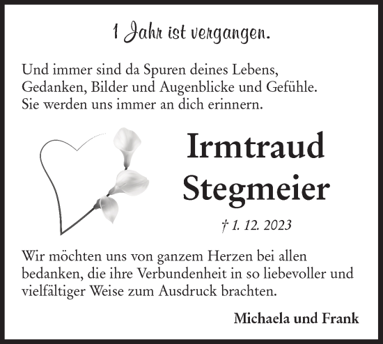 Traueranzeige von Irmtraud Stegmeier von Hohenloher Tagblatt