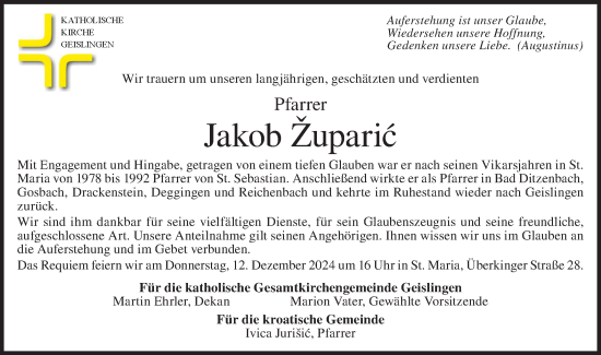 Traueranzeige von Jakob Zuparic von Geislinger Zeitung