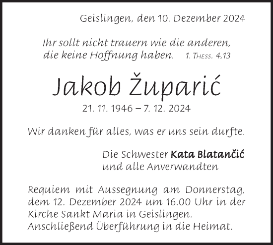 Traueranzeige von Jakob Zuparic von Geislinger Zeitung