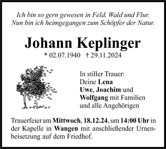 Traueranzeige von Johann Keplinger von SÜDWEST PRESSE Ausgabe Ulm/Neu-Ulm