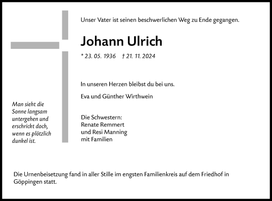 Traueranzeige von Johann Ulrich von NWZ Neue Württembergische Zeitung