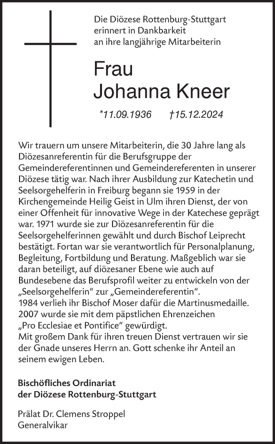 Traueranzeige von Johanna Kneer von Schwäbische Tagblatt