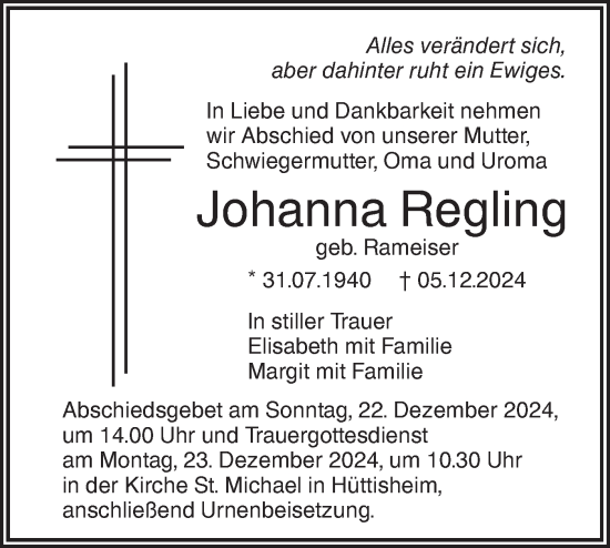 Traueranzeige von Johanna Regling von SÜDWEST PRESSE Ausgabe Ulm/Neu-Ulm