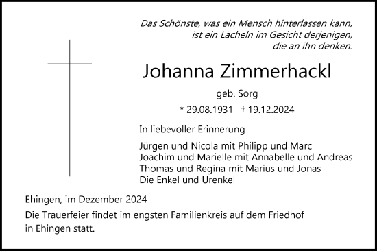 Traueranzeige von Johanna Zimmerhackl von Ehinger Tagblatt