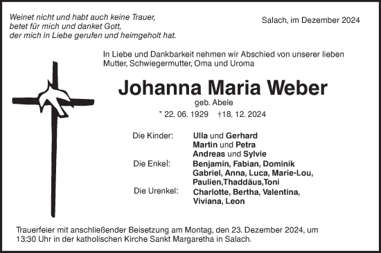 Traueranzeige von Johanna Maria Weber von NWZ Neue Württembergische Zeitung