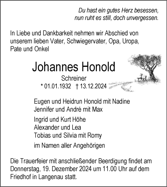 Traueranzeige von Johannes Honold von SÜDWEST PRESSE Ausgabe Ulm/Neu-Ulm