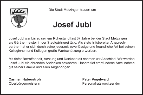 Traueranzeige von Josef Jubl von Alb-Bote/Metzinger-Uracher Volksblatt