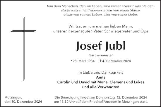 Traueranzeige von Josef Jubl von Alb-Bote/Metzinger-Uracher Volksblatt