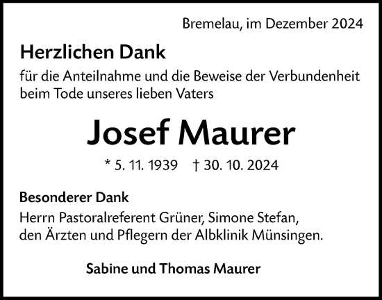 Traueranzeige von Josef Maurer von Alb-Bote/Metzinger-Uracher Volksblatt