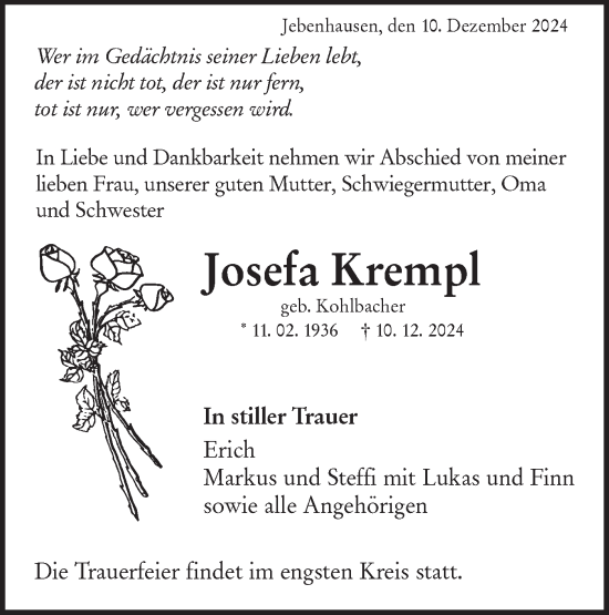 Traueranzeige von Josefa Krempl von NWZ Neue Württembergische Zeitung