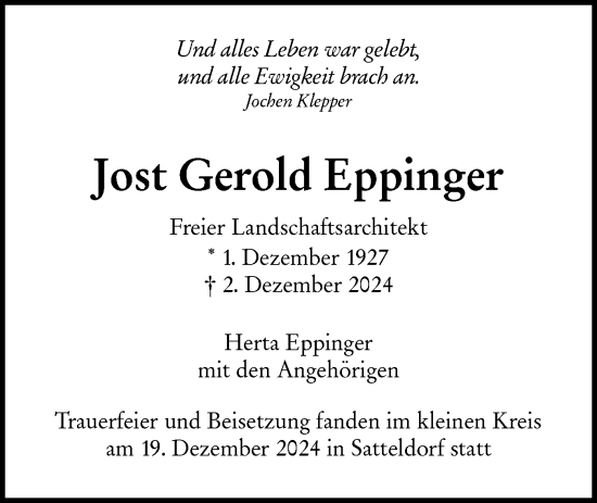 Traueranzeige von Jost Gerold Eppinger von Hohenloher Tagblatt