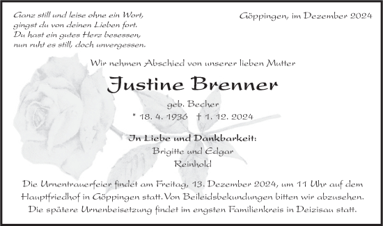 Traueranzeige von Justine Brenner von NWZ Neue Württembergische Zeitung