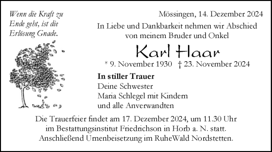 Traueranzeige von Karl Haar von Schwäbische Tagblatt