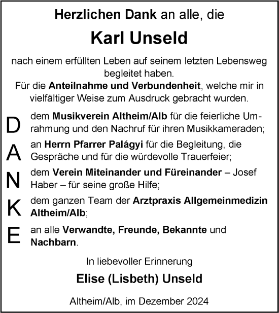 Traueranzeige von Karl Unseld von SÜDWEST PRESSE Ausgabe Ulm/Neu-Ulm