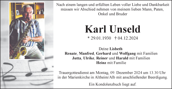 Traueranzeige von Karl Unseld von SÜDWEST PRESSE Ausgabe Ulm/Neu-Ulm