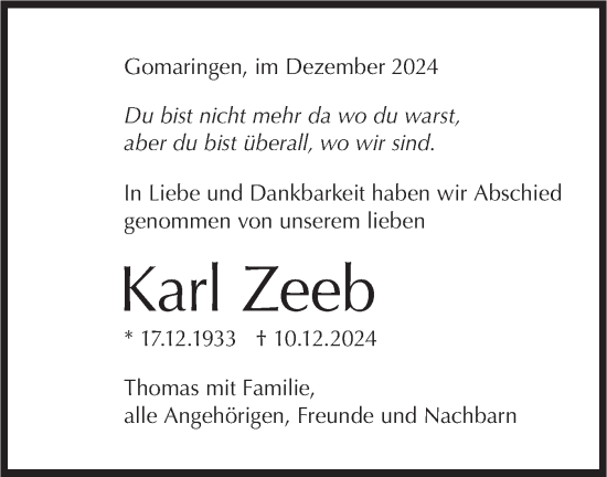 Traueranzeige von Karl Zeeb von Schwäbische Tagblatt