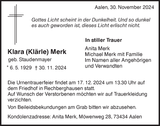 Traueranzeige von Klara Merk von NWZ Neue Württembergische Zeitung