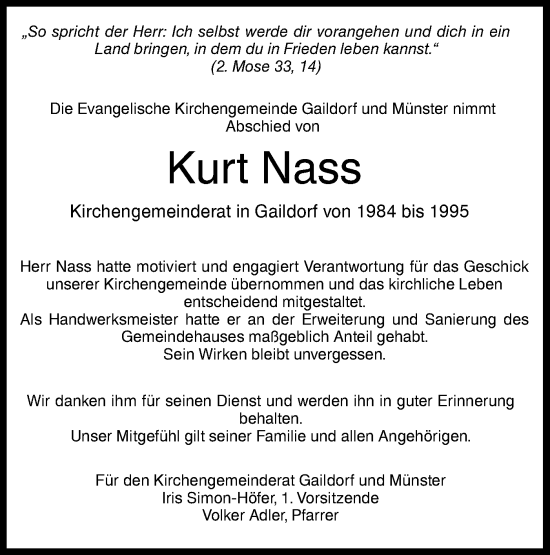 Traueranzeige von Kurt Nass von Rundschau Gaildorf