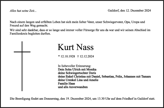 Traueranzeige von Kurt Nass von Rundschau Gaildorf