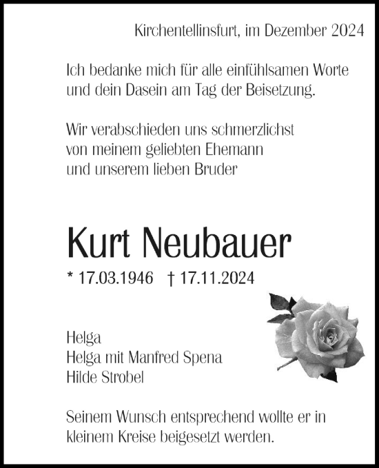 Traueranzeige von Kurt Neubauer von Schwäbische Tagblatt