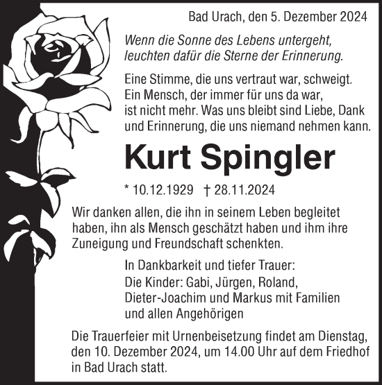 Traueranzeige von Kurt Spingler von Alb-Bote/Metzinger-Uracher Volksblatt