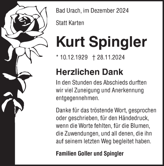 Traueranzeige von Kurt Spingler von Alb-Bote/Metzinger-Uracher Volksblatt