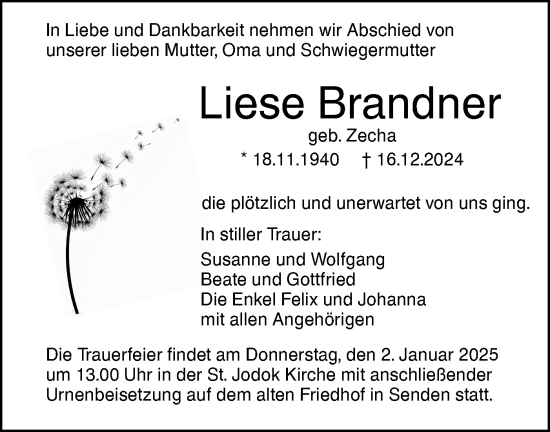 Traueranzeige von Liese Brandner von SÜDWEST PRESSE Ausgabe Ulm/Neu-Ulm