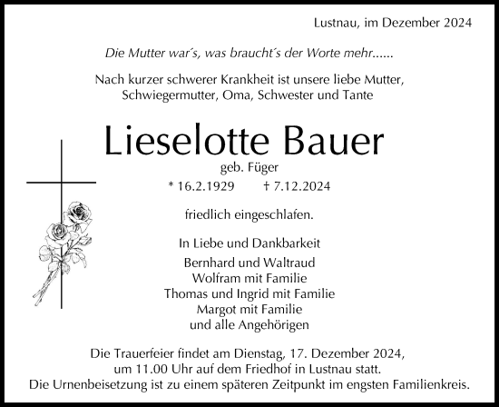 Traueranzeige von Lieselotte Bauer von Schwäbische Tagblatt