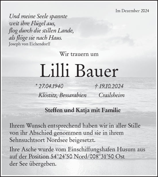 Traueranzeige von Lilli Bauer von Hohenloher Tagblatt