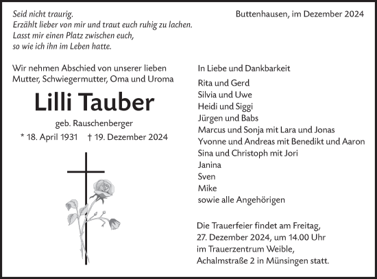 Traueranzeige von Lilli Tauber von Alb-Bote/Metzinger-Uracher Volksblatt