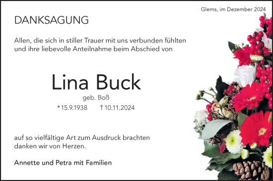 Traueranzeige von Lina Buck von Alb-Bote/Metzinger-Uracher Volksblatt