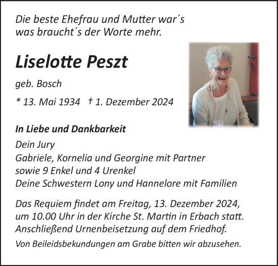 Traueranzeige von Liselotte Peszt von SÜDWEST PRESSE Ausgabe Ulm/Neu-Ulm