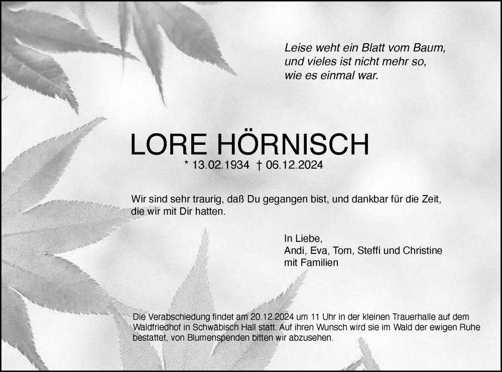  Traueranzeige für Lore Hörnisch vom 14.12.2024 aus Haller Tagblatt