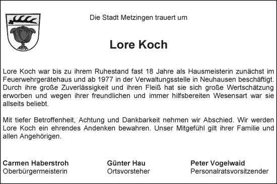 Traueranzeige von Lore Koch von Alb-Bote/Metzinger-Uracher Volksblatt