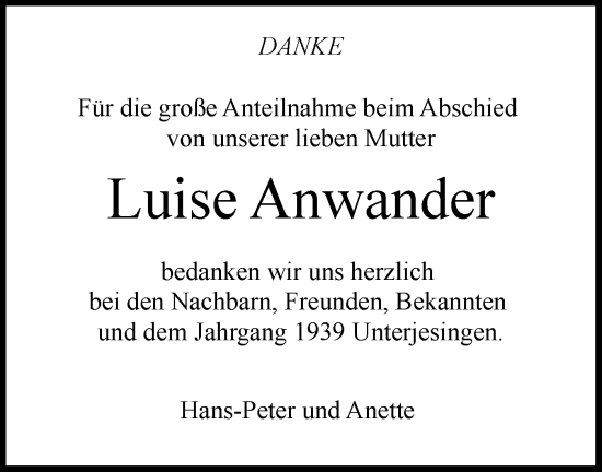 Traueranzeige von Luise Anwander von Schwäbische Tagblatt