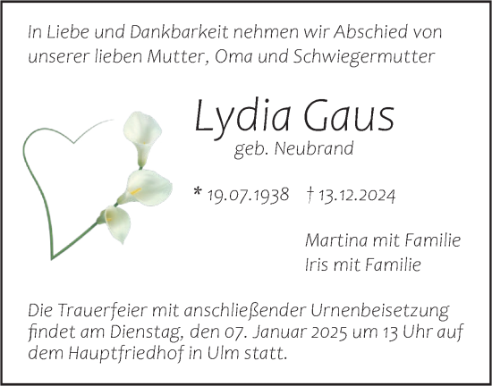 Traueranzeige von Lydia Gaus von SÜDWEST PRESSE Ausgabe Ulm/Neu-Ulm