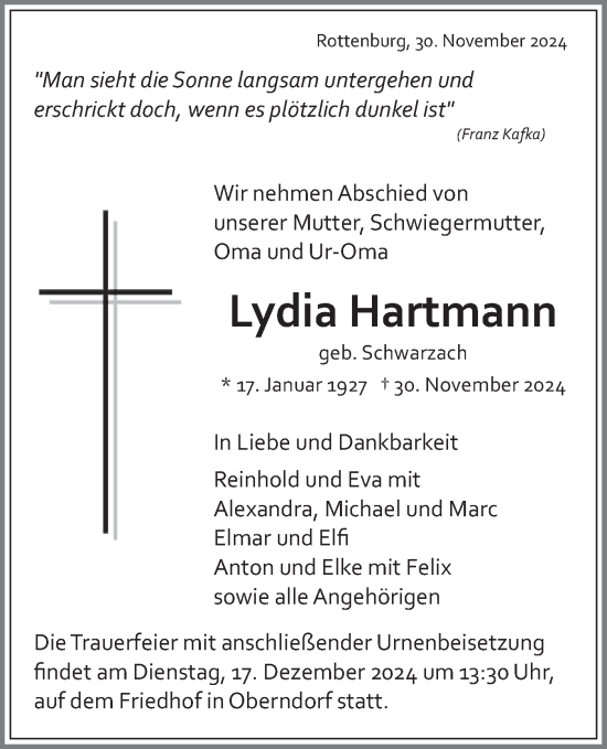 Traueranzeige von Lydia Hartmann von Schwäbische Tagblatt