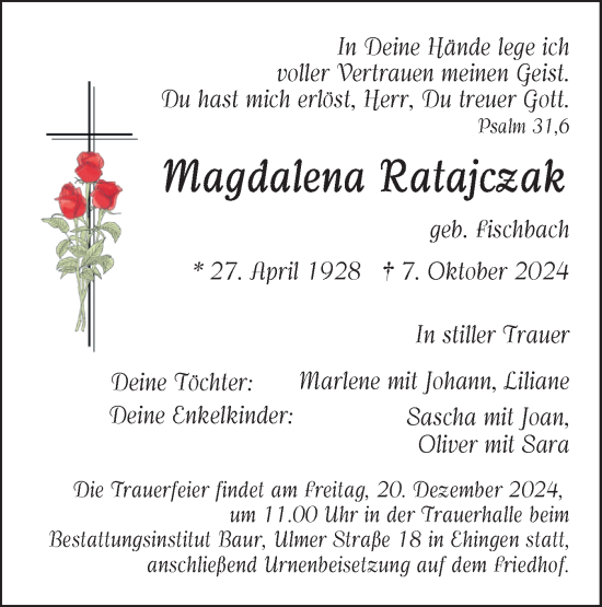 Traueranzeige von Magdalena Ratajczak von Ehinger Tagblatt