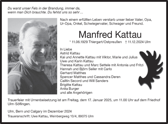 Traueranzeige von Manfred Kattau von SÜDWEST PRESSE Ausgabe Ulm/Neu-Ulm