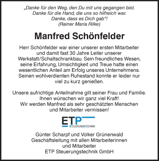 Traueranzeige von Manfred Schönfelder von NWZ Neue Württembergische Zeitung