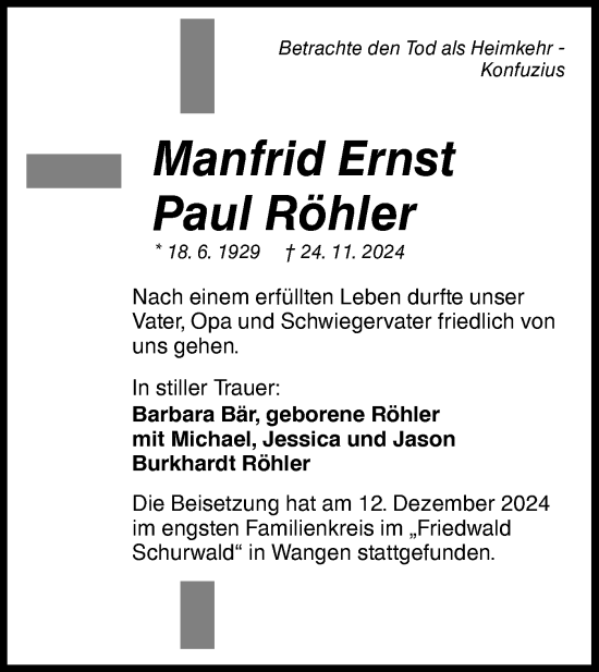 Traueranzeige von Manfrid Ernst Paul Röhler von Haller Tagblatt