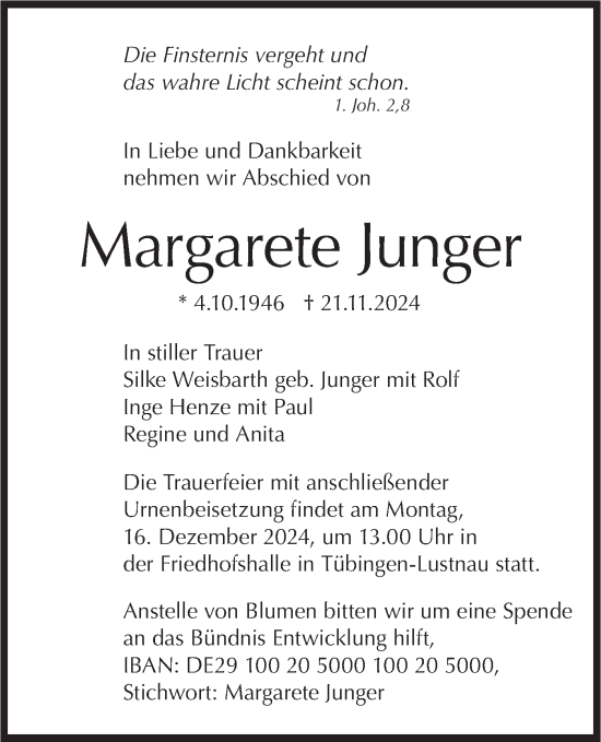 Traueranzeige von Margarete Junger von Schwäbische Tagblatt