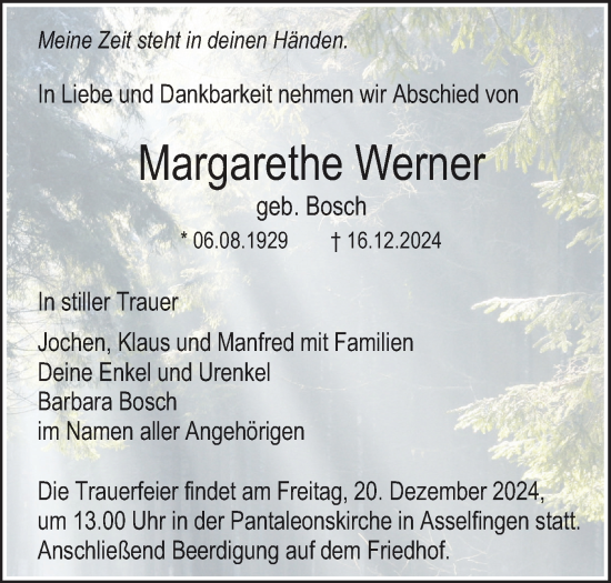 Traueranzeige von Margarethe Werner von SÜDWEST PRESSE Ausgabe Ulm/Neu-Ulm