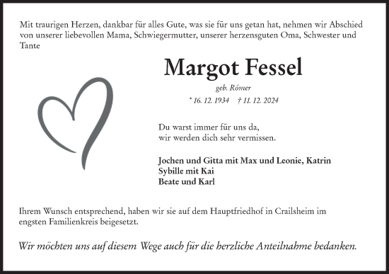 Traueranzeige von Margot Fessel von Hohenloher Tagblatt