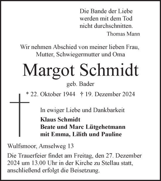 Traueranzeige von Margot Schmidt von Alb-Bote/Metzinger-Uracher Volksblatt