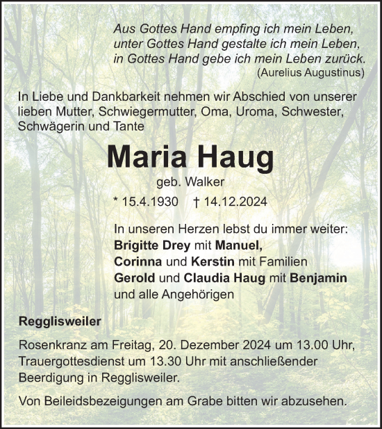 Traueranzeige von Maria Haug von SÜDWEST PRESSE Ausgabe Ulm/Neu-Ulm