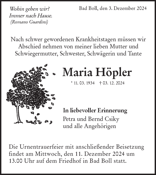 Traueranzeige von Maria Höpler von NWZ Neue Württembergische Zeitung