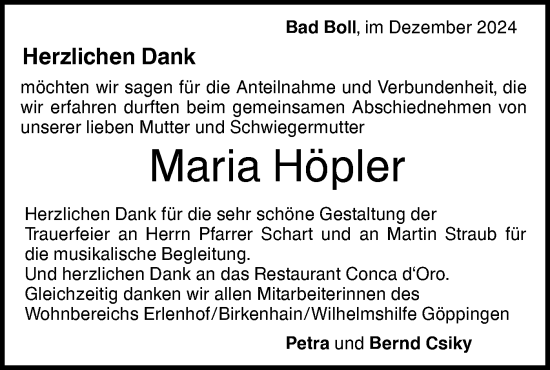 Traueranzeige von Maria Höpler von NWZ Neue Württembergische Zeitung